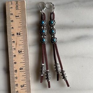 Brown and Silver Long Earrings with Beads